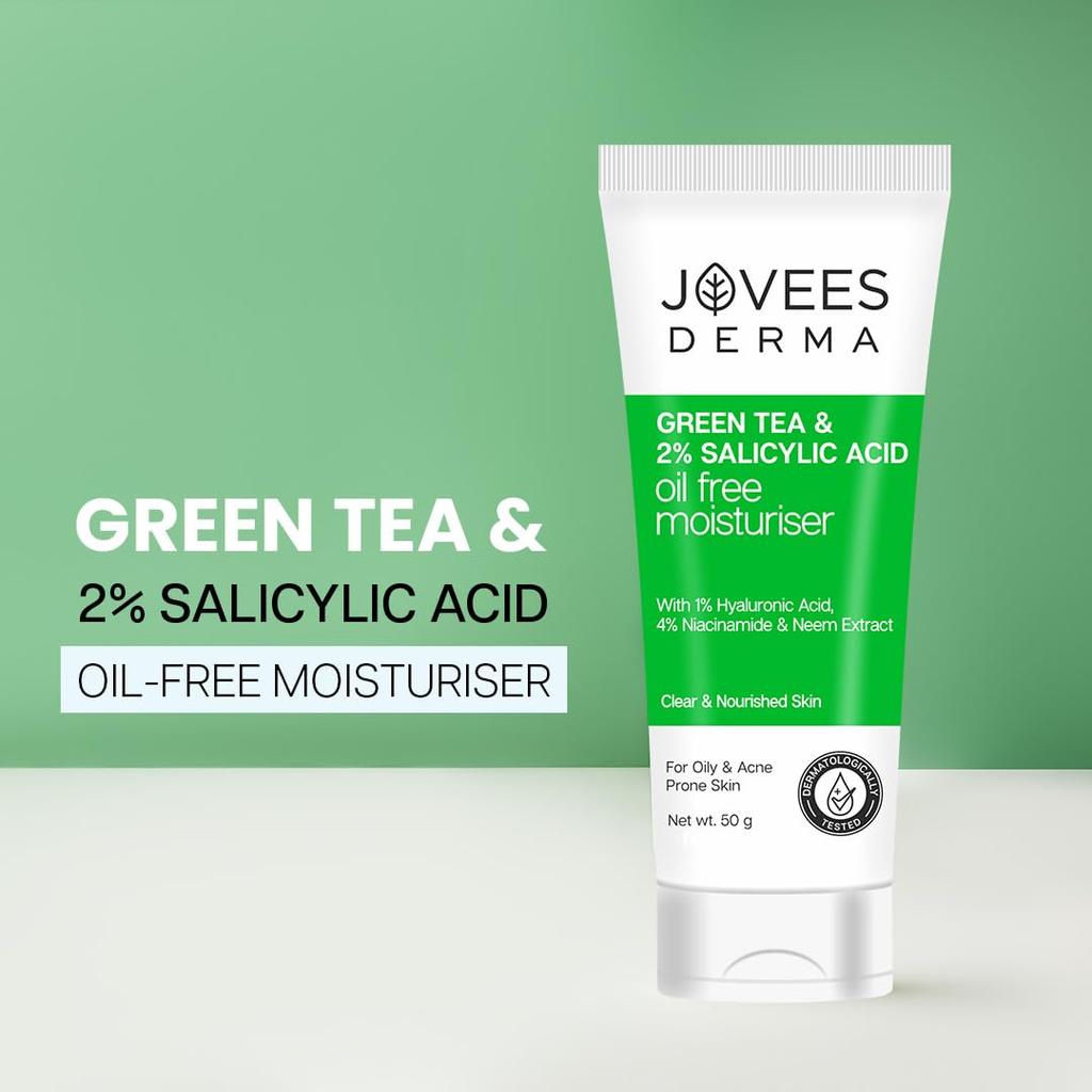 Jovees Green Tea Light Moisturizer For Oily Acne Prone Skin | Hydrating Non Sticky Cream With Niacinamide & Hyaluronic Acid 50g Pack