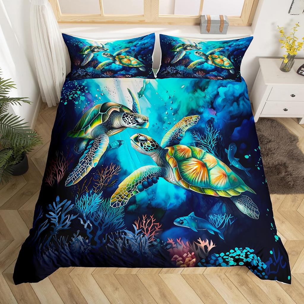 Sea Turtle Duvet Cover 3D Turtle Bedding Set Ocean Marine Theme Comforter Cover For Boys Girls Underwater Animal Pattern Bed Set
