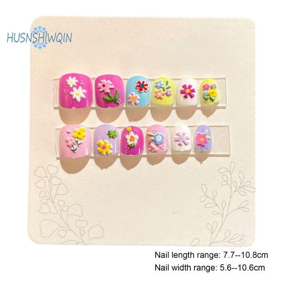 12Pcs Kids Cartoon False Nails - Cute Christmas Themed Pattern, Embossed Press On Nails, Self-adhesive Fake Nails DIY Art