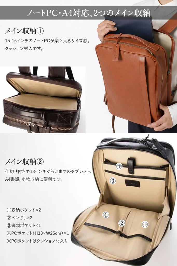 Leather Laboratory Men's Genuine Leather Business Backpack, Fits A4 Size, 15.6" Laptop, Natural Grain Leather, Large Capacity, Lightweight, Square