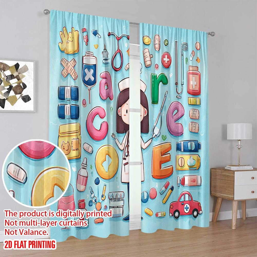 2pcs,2D plane printing Curtain Popular Vibrant Medical Polyester (without rod) Home Decor for Bedroom, Living Room