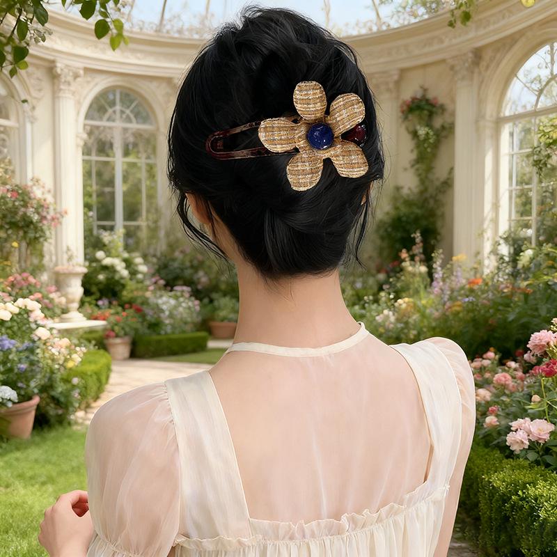 Korean Style Plaid Floral Duckbill Hair Clip – Large Size High-End Half-Up Hair Accessory