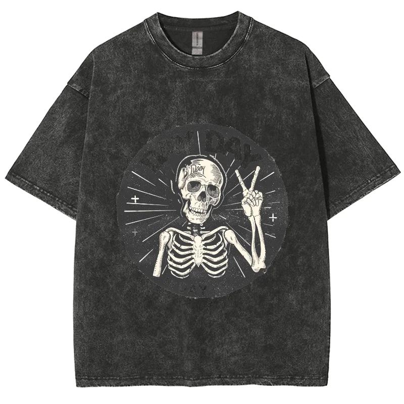 Skull Biye Black White Print Women's T-Shirt Washed Neutral Crew Neck Short Sleeve Vintage High Street Harajuku Style