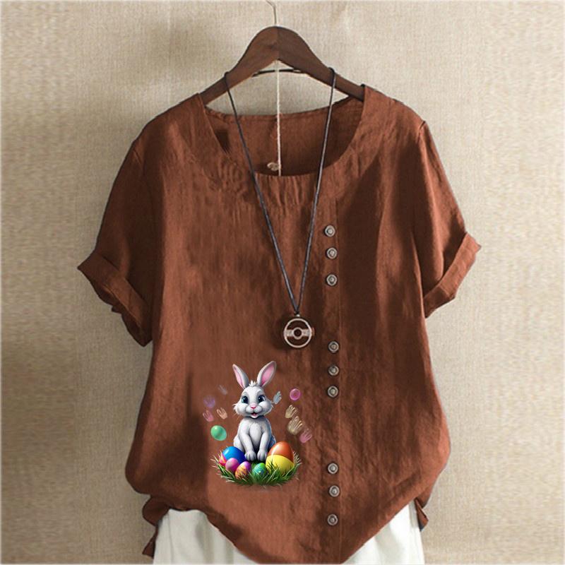 Damenmode T-Shirt mit Rundhalsausschnitt und Kaninchen-Print, kurzärmelig, lässig, Baumwolle, Leinen, Grafik, Freizeit, lockere Sommerbluse