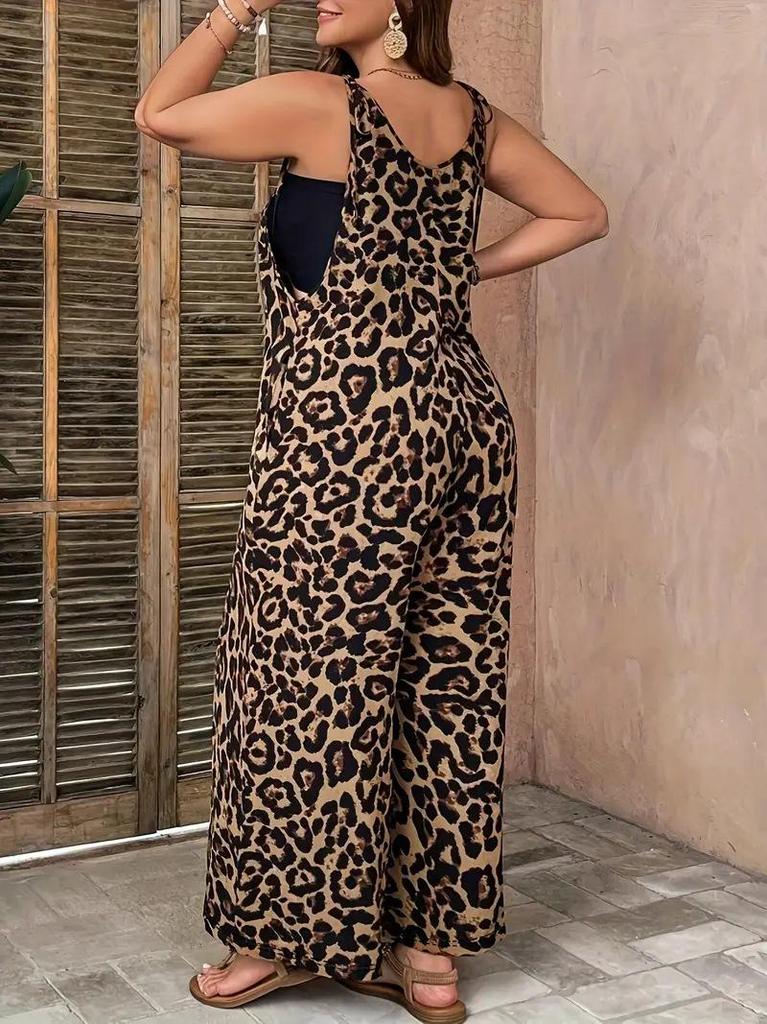 Chic Leopard Print Jumpsuit with Pockets: Casual, Loose, Thin Straps, Perfect for Spring/Summer/Autumn