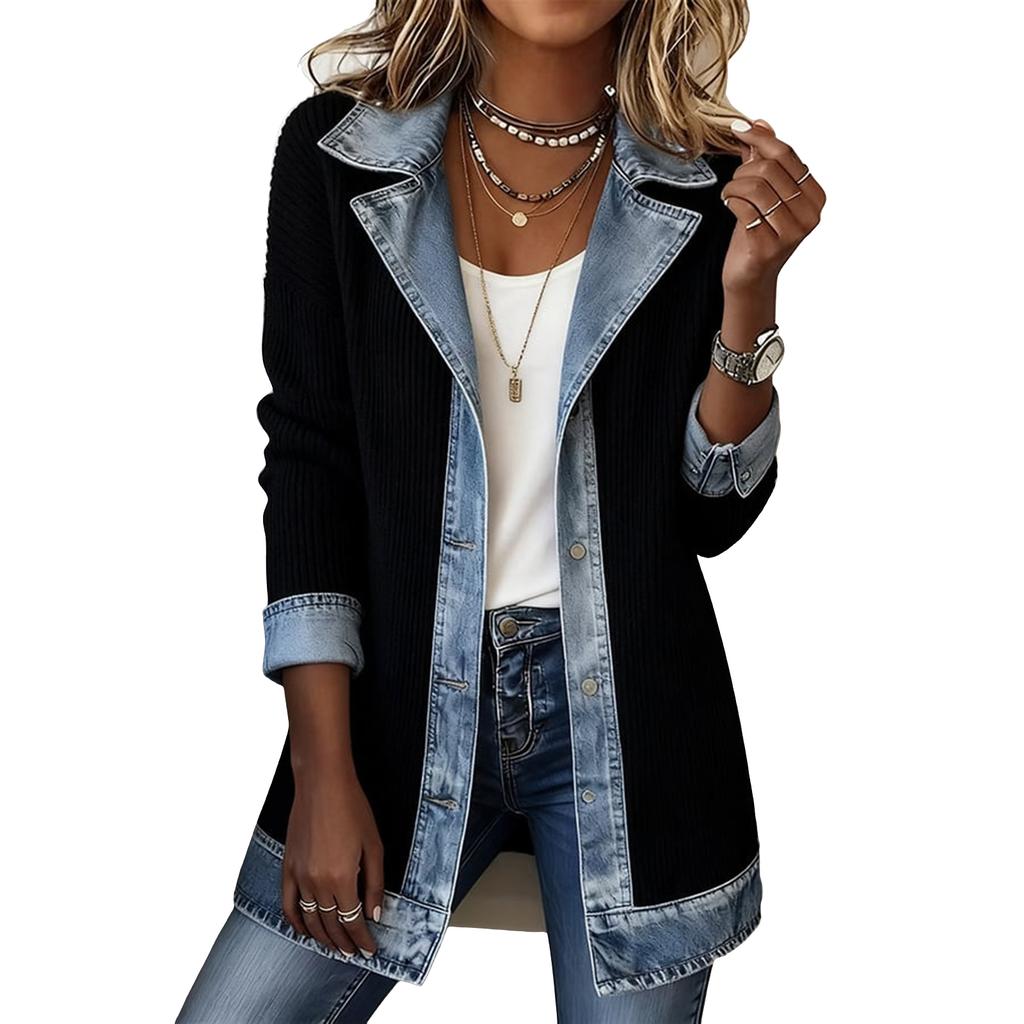 Damska Modna Codzienna Kurtka z Guzikami i Naszywkami, Długim Rękawem i Kołnierzykiem