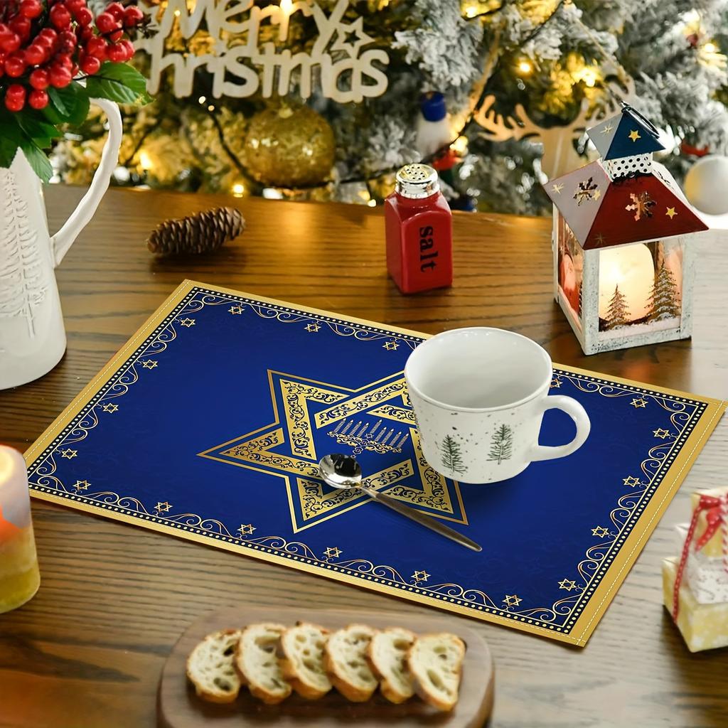Jüdische Chanukka Sechszackiger Stern Essensmatte Blau Gold Religiöses Thema Tischmatte Feiertags Isoliert Essensmatte