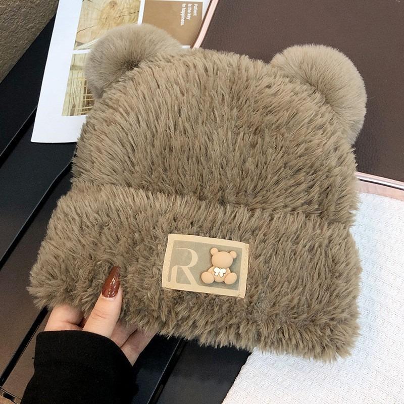 Hat winter knitted hat stacked hat big head circumference soft waxy cute bear ears plush hat autumn and winter warm hat