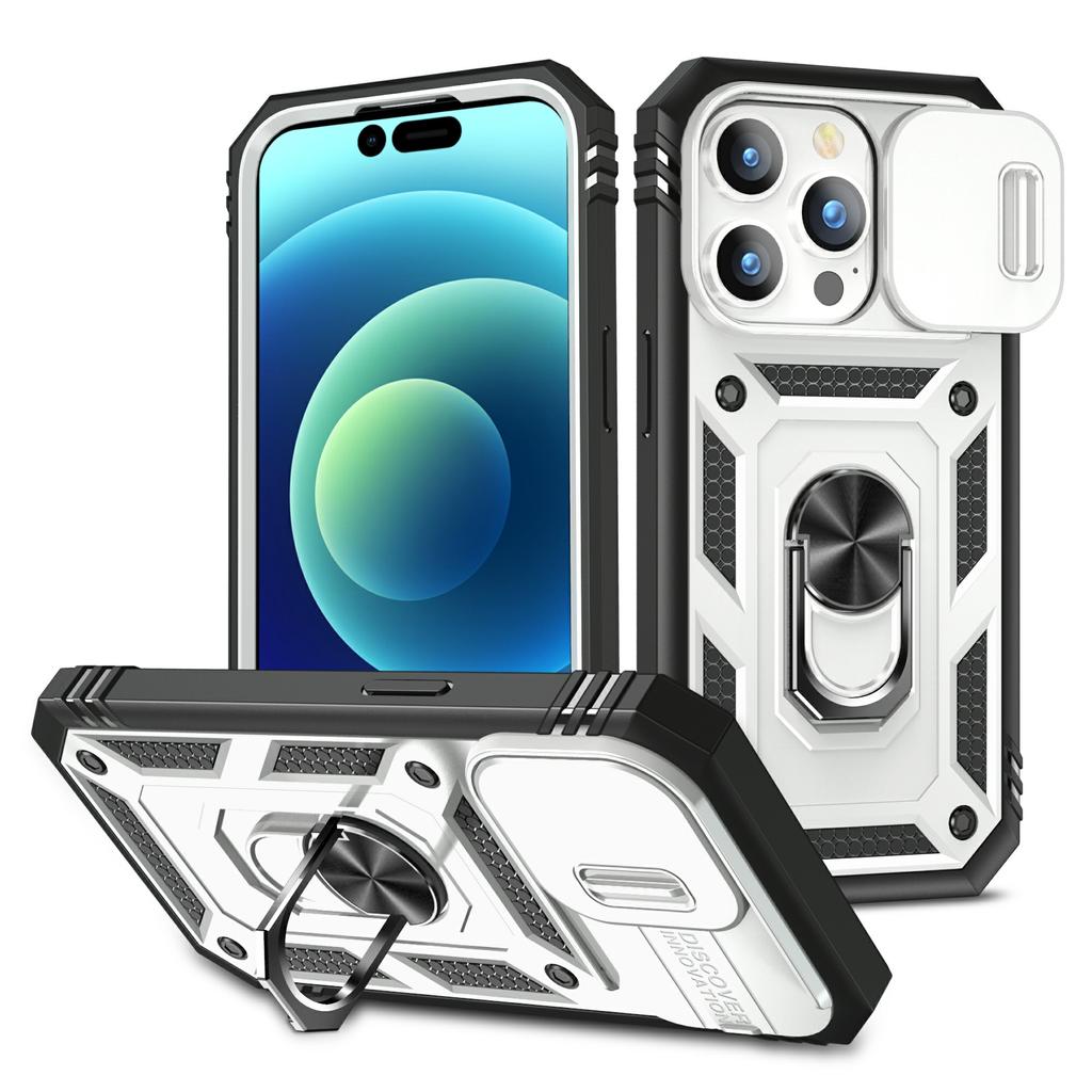 For iPhone 15 Pro Max Kickstand Case Card Holder PC+TPU Phone Cover with Sliding Camera Protection