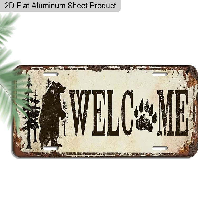 2D Flat, 1pc "WELCOME" Bear & Paw Print 12''x6'' Aluminum Sign, Rustic Cabin & Woodland Style Wall & Car Decor for Entryway, Porch, Lake House