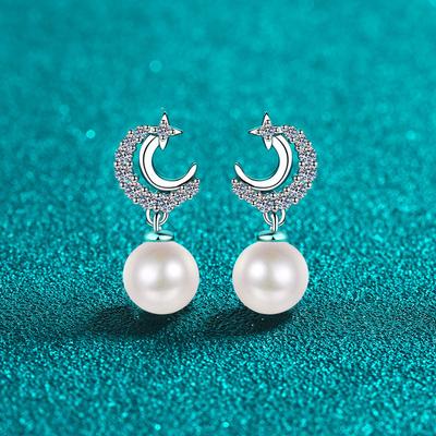 Mozang Elmas S925 Gümüş inci küpeler Kadın Taze Ve Güzel Yıldız Ay Kulak Tatlı Mizaç Moda Küpe