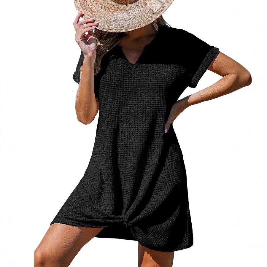 Women's Summer New Beach Dress V-Neck Knotted Cover-Up Ruffle Dress In Stock