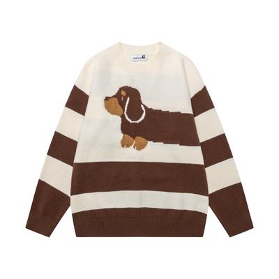 Unisex Sweter Dzianinowy w Stylu Vintage Amerykańskim z Kreskówkowym Jamnikiem Blokami Kolorystycznymi Okrągłym Dekoltem Luźny Pulower