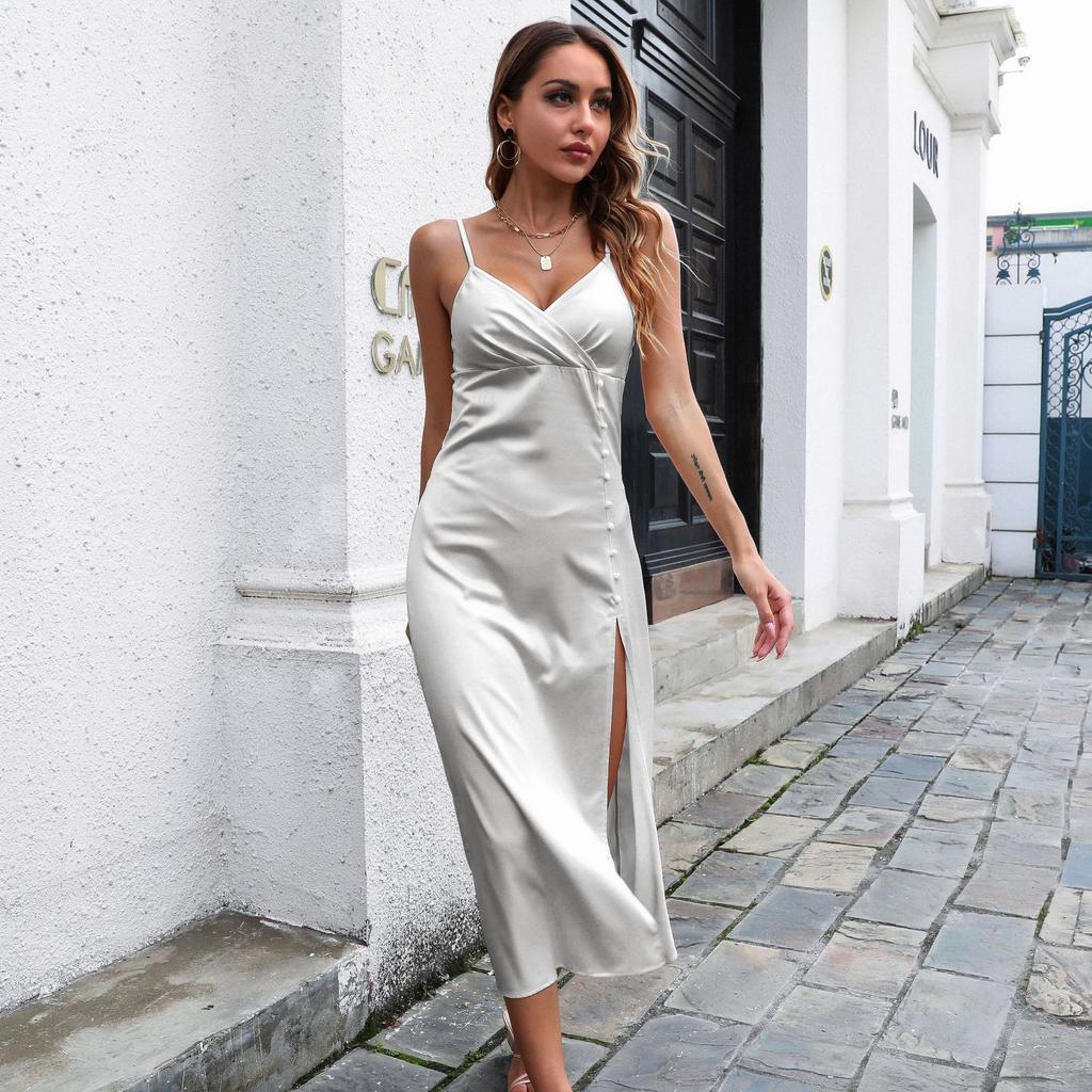 GMXIA Women's Fashion Summer Spring Solid Color Print Sleeveless V-Neck High Waist Casual Dresses
