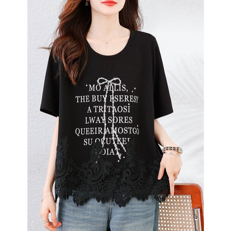 DIMANAF 2025 Neues Sommer Übergröße T-Shirt Mode Damen O-Ausschnitt Kurzarm Einfarbig Locker Schwarz Spitze Tops T-Shirts