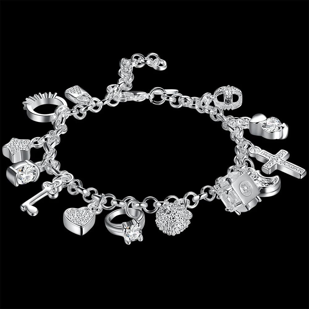 925 Silver Heart Zircon Pendant Bracelet for Women Wedding Party Jewelry 20cm