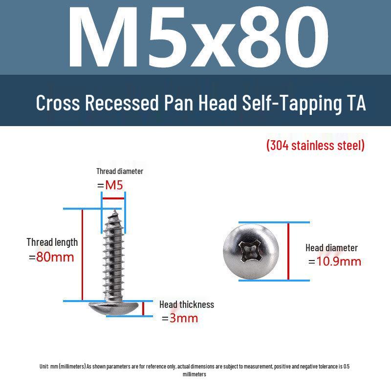 304 Stainless Steel Large Flat Head Self-Tapping Screws, TA Umbrella Head, Pointed Tail, M2-