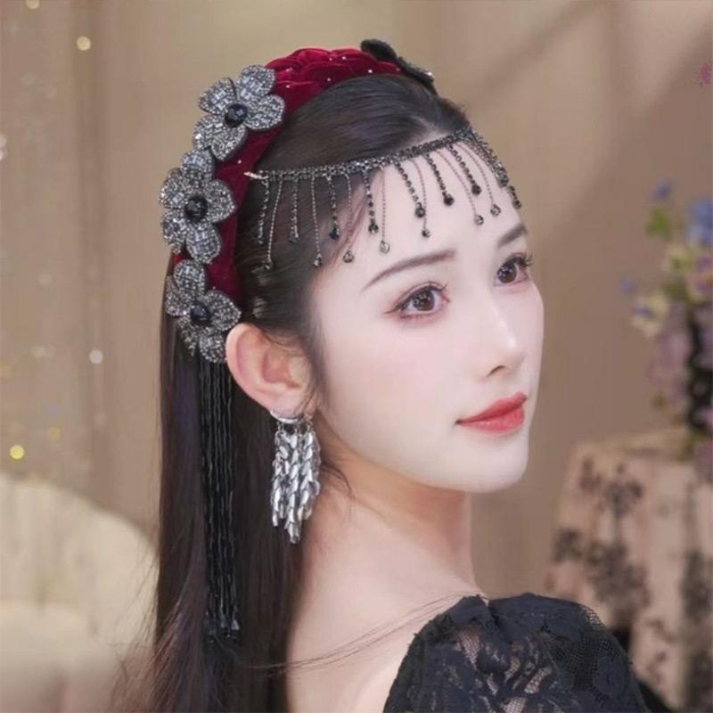 Diadema de Flor Trenzada Estilo Coreano Exquisita Banda Ancha para el Cabello con Pedrería Brillante con Borla Tiara para Fiesta Celebración Decoración Festiva