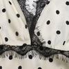 Maxi Abito a Pois in Pizzo con Scollo a V e Maniche a Sbuffo Stile Vacanza Francese