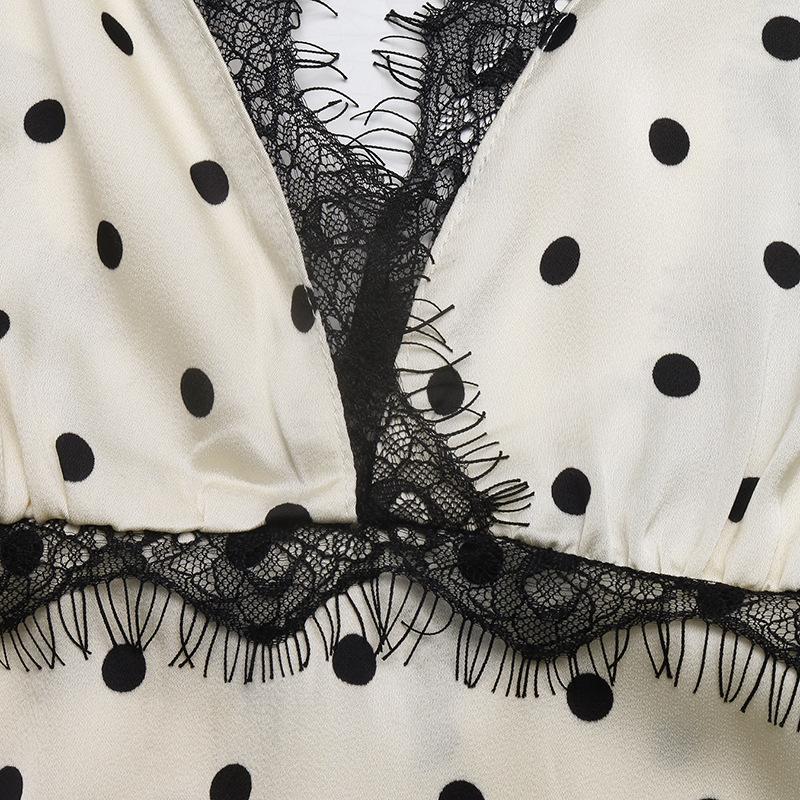 Maxi Abito a Pois in Pizzo con Scollo a V e Maniche a Sbuffo Stile Vacanza Francese