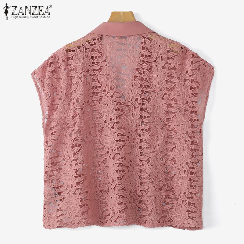 ZANZEA Womens Summer Casual Short Sleeve Hollow Out Lace Cover Up Blouse