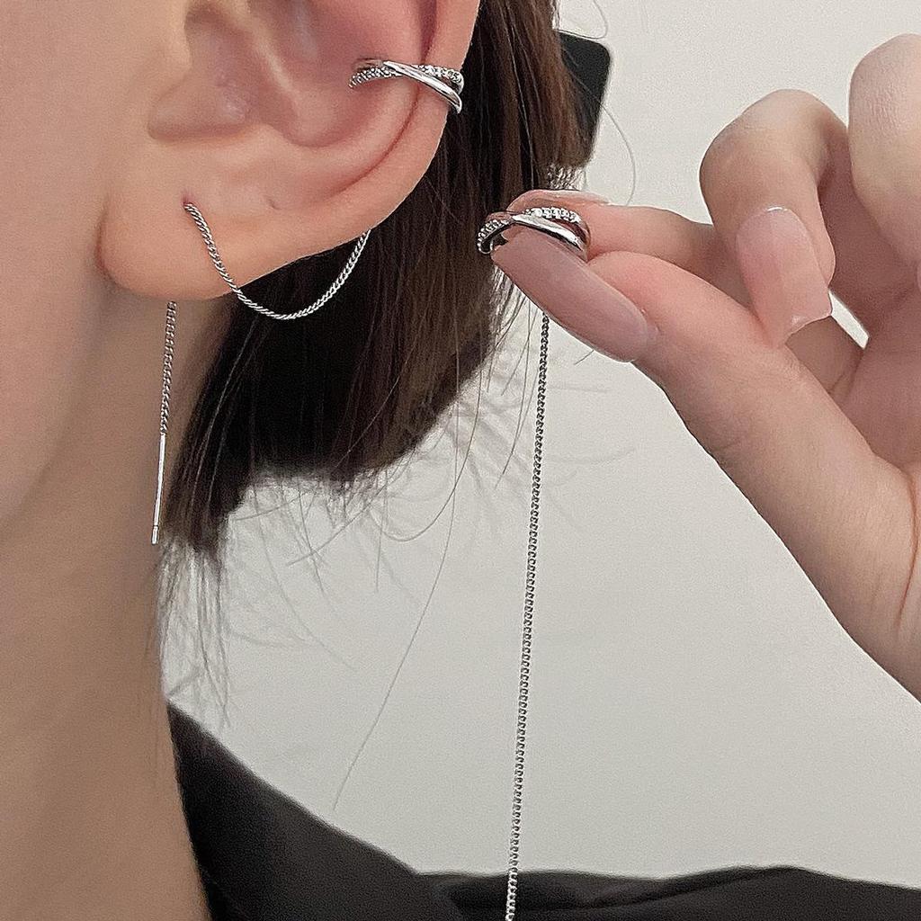 European & American Long Tassel Chain Clip-On Earrings - Versatile Fairy-Inspired Korean Style for Women