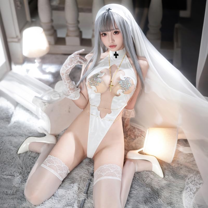 Ahegao Sister Cosplay Sexy Nun Costume with Cross Pure Saint White Sheer Extremely Babydoll Halloween Set & Veil, Leotard, Erotic, Seductive, Exposed,