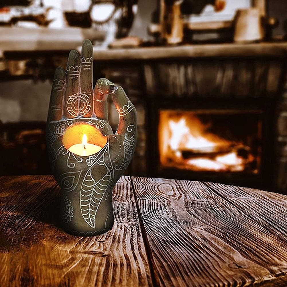 Hztyyier Buddha Yoga Candle Holder Carved Gesture Candlestick Hand Tabletop Tealight Desktop Candle Decor