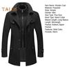 Men Woolen Coat Double Stand Collar Long Sleeve Single-Breasted Solid Color Jacket with Pockets Autumn Winter Mid-length Outwear