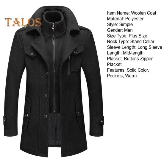 Men Woolen Coat Double Stand Collar Long Sleeve Single-Breasted Solid Color Jacket with Pockets Autumn Winter Mid-length Outwear