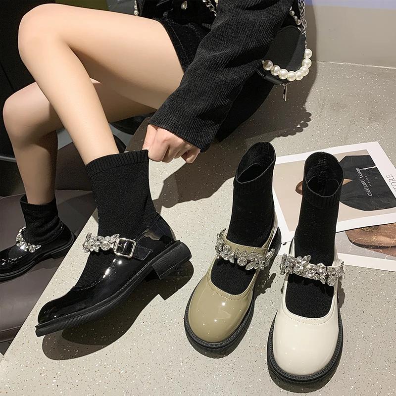 Fashion Ladies Shoes On Sale 2024 Fashion Sleeve Women's Pumps Autumn Round Toe Rhinestones Solid Short Barrel Low-heeled Socks Boots