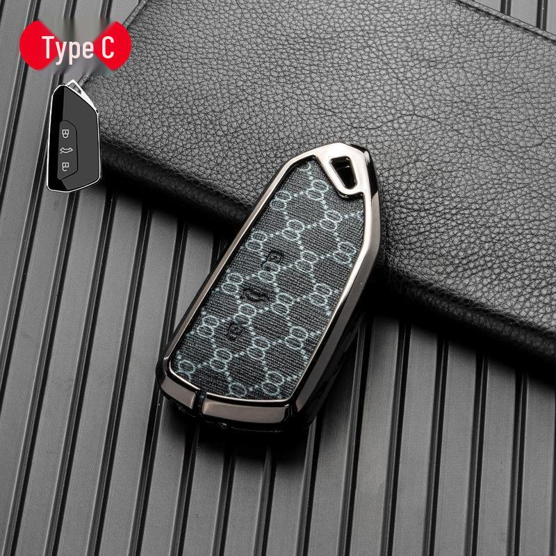 Volkswagen/Skoda Double-Sided Leather Zinc Alloy Car Key Case - Non-Signal Blocking, Full-Wrap Design