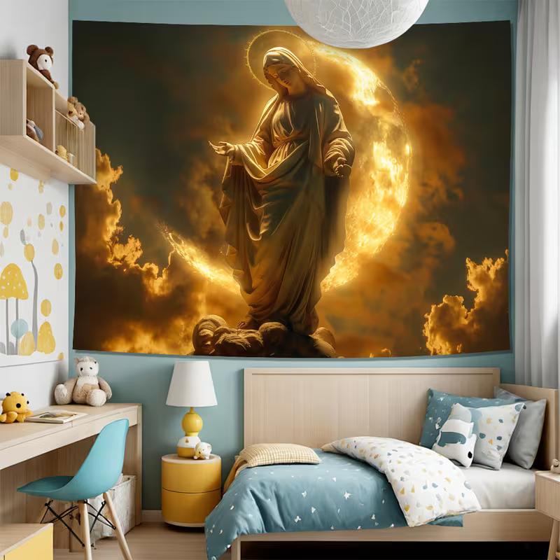 2D Blessed Mother Mary Tapestry Religious Statue with Golden Light and Moon Wall Decor Cloth for Home & Bedroom