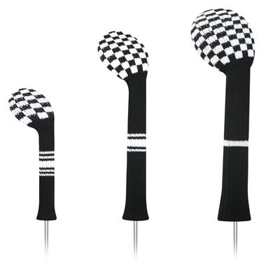 LeFeng Golf Club 3 Pieces Knitted Golf Club Covers 460cc for Driver Fairway Woods No Pom Poms for Hybrids White Covers, (Black Checkered)