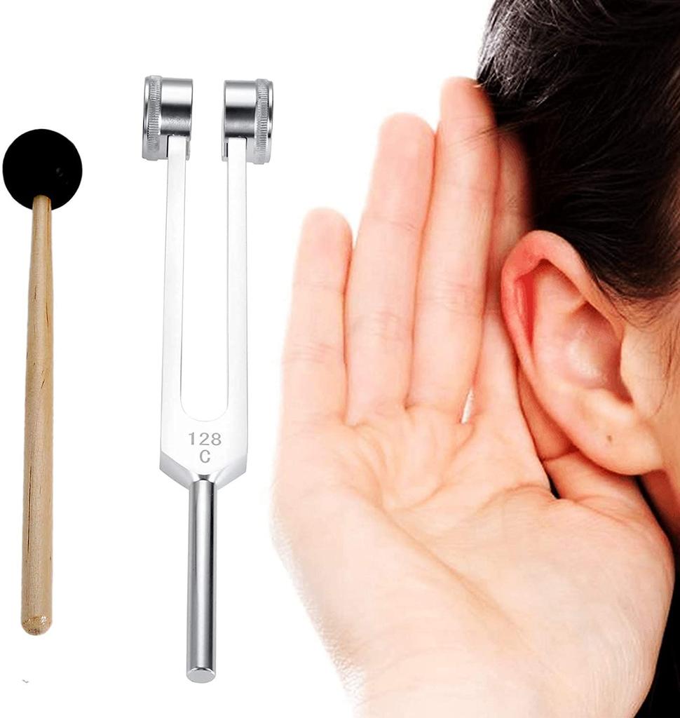 Dreld 128Hz Tuning Fork with Tuner, Rubber Mallet, Silicone Hammer Bag and Cleaning Cloth, Aluminum Alloy, for Sound Healing, Musical Instrument,
