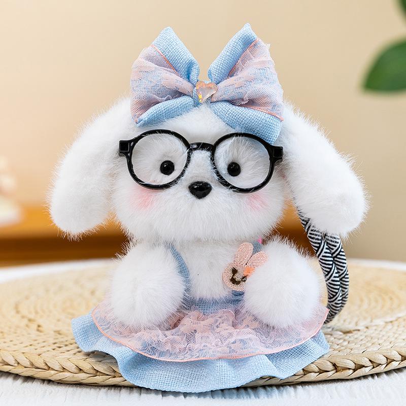 Cartoon Cute Glasses Puppy Plush Pendant – Soft Barley Dog with Skirt and Colorful Rope Doll