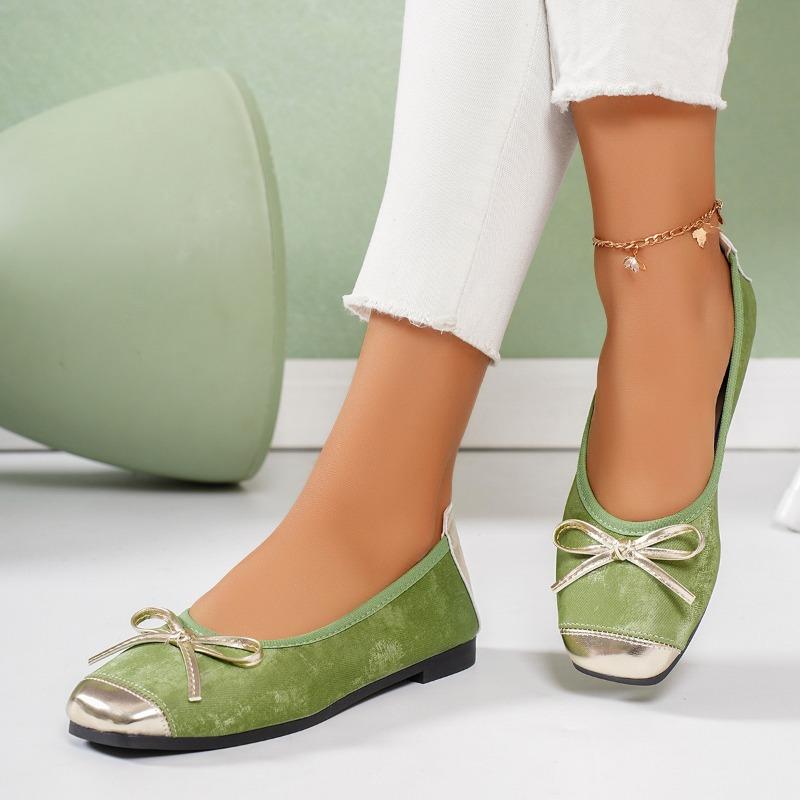 Fashion Summer Autumn Square Toe Ballet Shoes Elegant Bow Knot Flat Soft Sole Mary Jane Casaul Silver Slip on Shallow  Sneakers Women