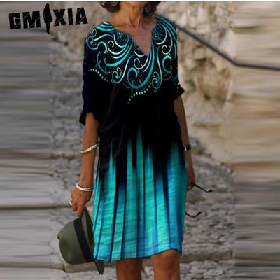 Summer Print Loose Bamboo Fiber Hemp Floral Short Sleeve Women's Vintage Literary Round Neck Five-quarter Sleeve