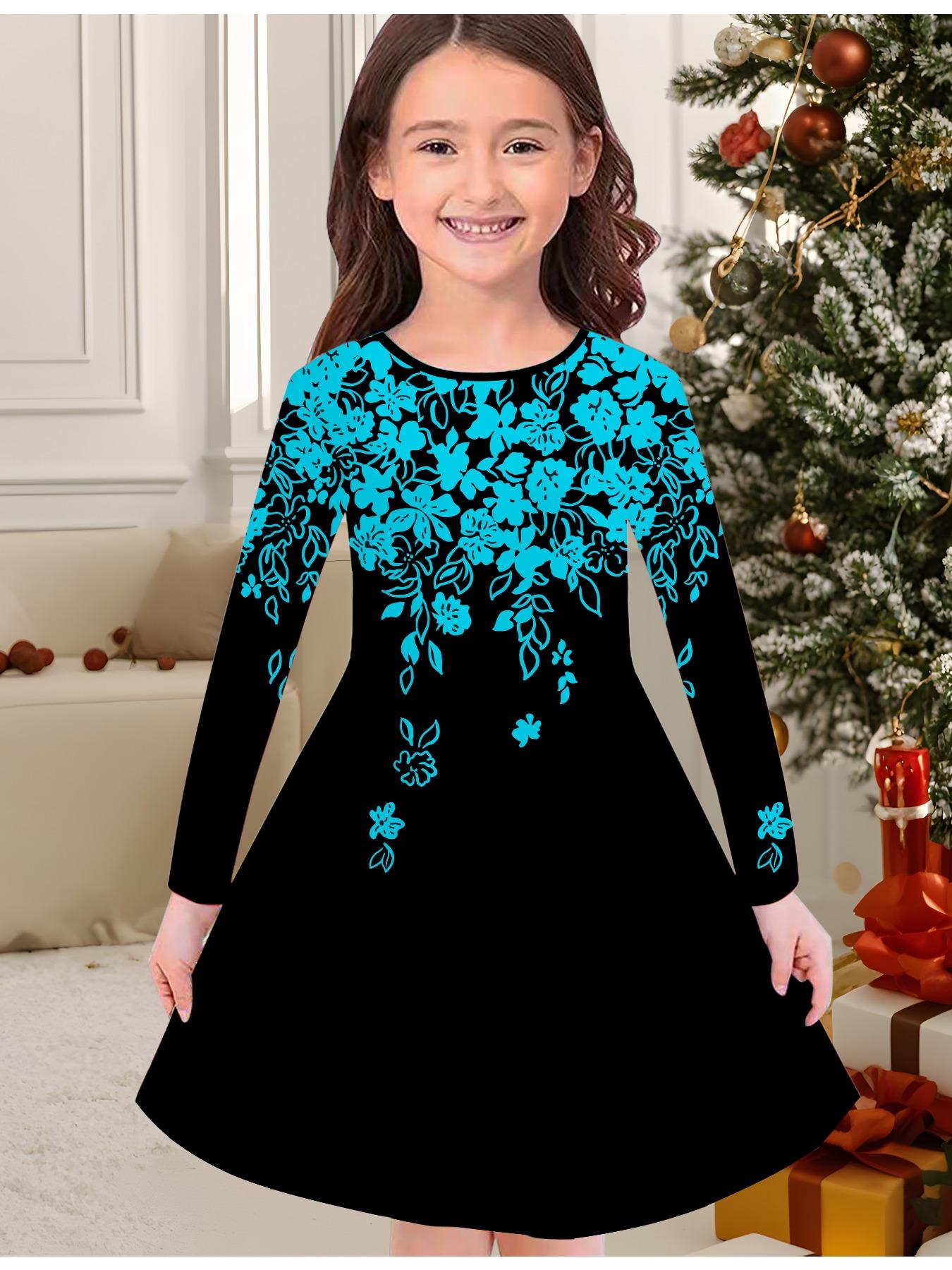 

Модное осенне-зимнее платье для девочек, платье-футболка с длинным рукавом и круглым вырезом, с 3D цветочным принтом, повседневное, универсальное, рождественская одежда 170 синий