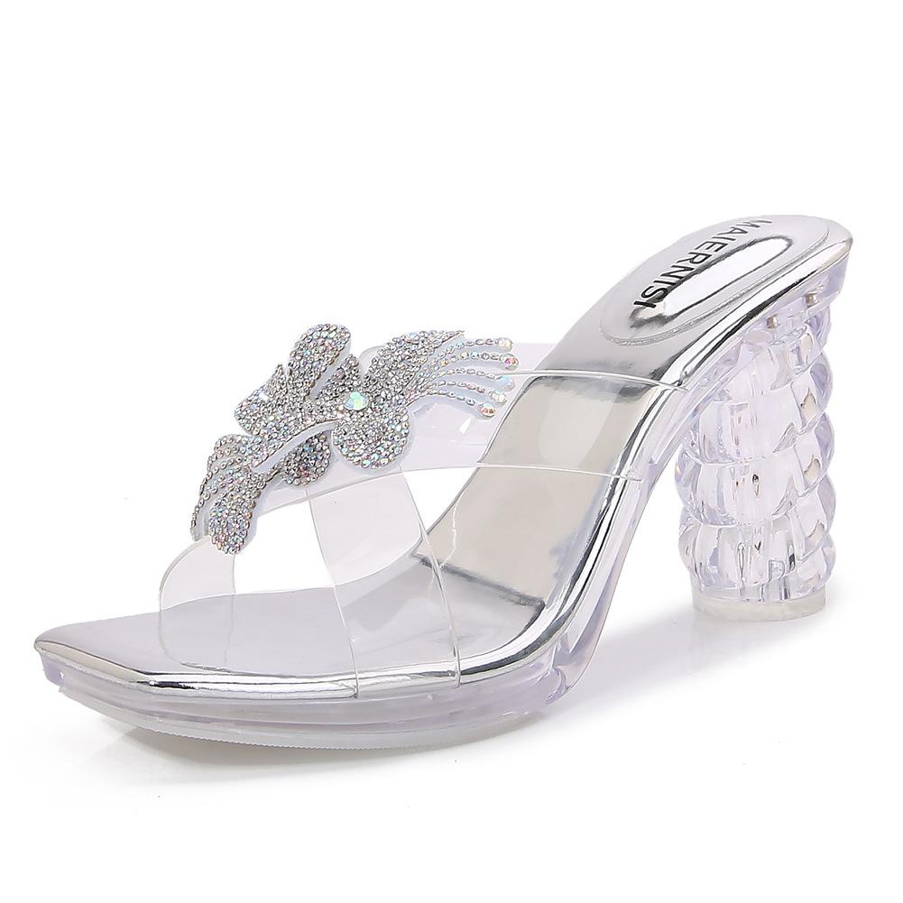 

Summer New Flower Chunky Heel Sandals Women s Transparent Strap High Heels Diamond Bow Fish Mouth Open Toe Shoes Women Size43 35 серебряный