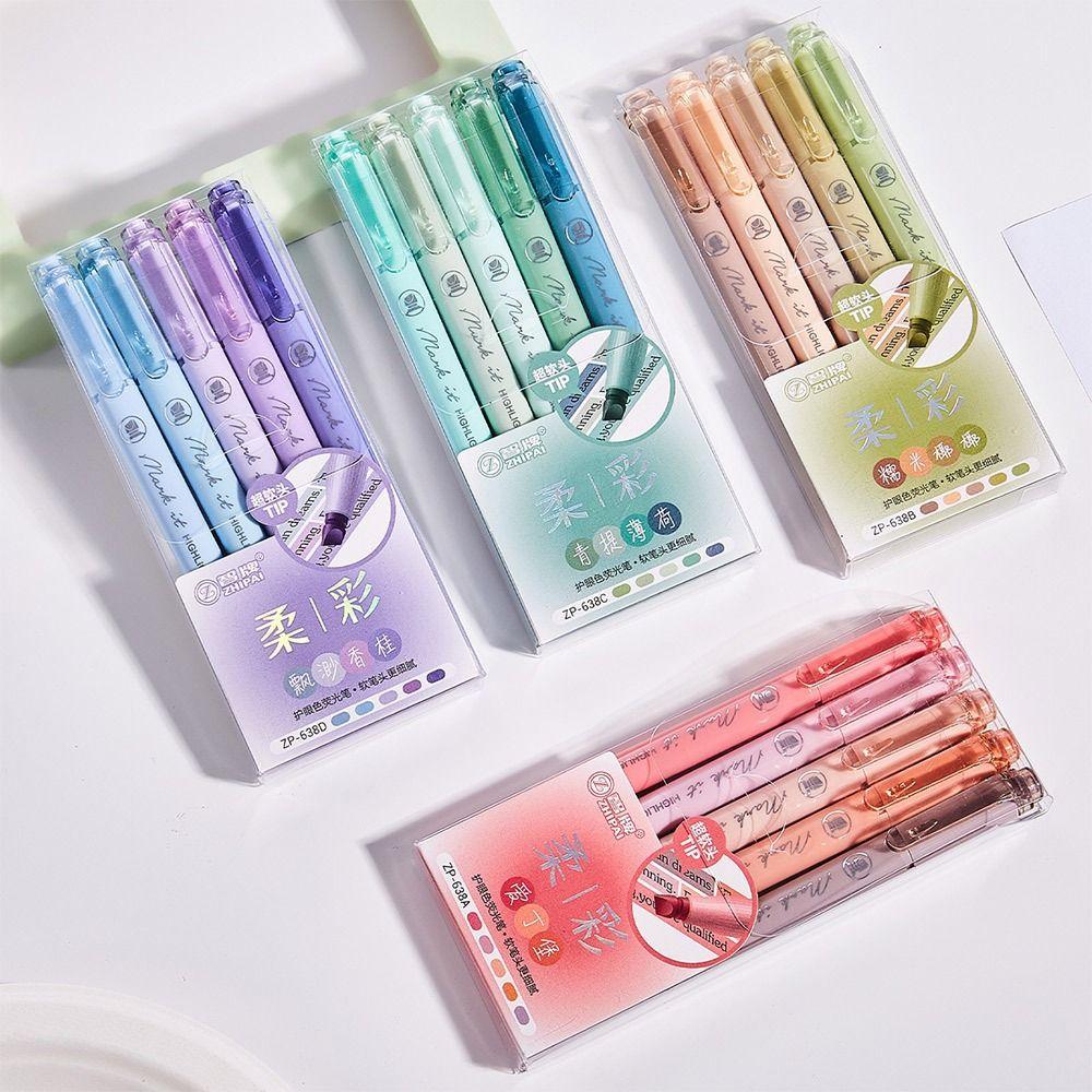 5pcs Pastel Colors Fluorescent Pen Dual Tip Colored Mark Pen Smudge-Proof Drawing Pen  Student Use