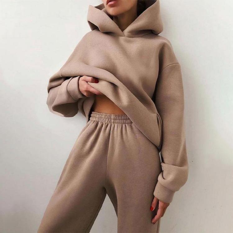 Elegant Women Two Piece Sets Warm Hoodie Sweatshirt And Long Pant Fashion Solid Suits For Ladies