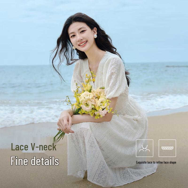 Women's V-Neck Lace Embroidered High-Waist Midi Dress