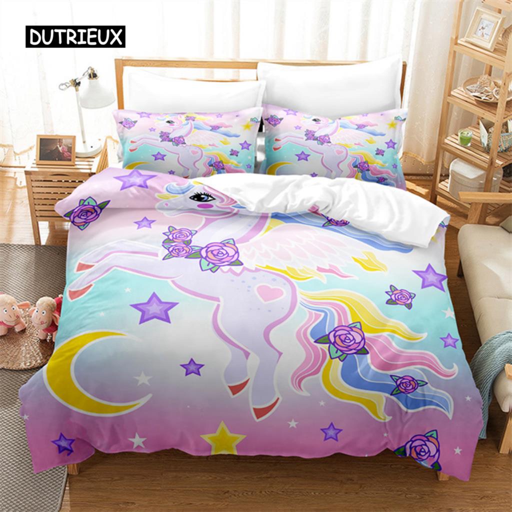Duvet Cover Cartoon Unicorn Floral Bedding Set Microfiber Flying Horse Comforter Cover Full Queen Children Girls Bedroom Decor