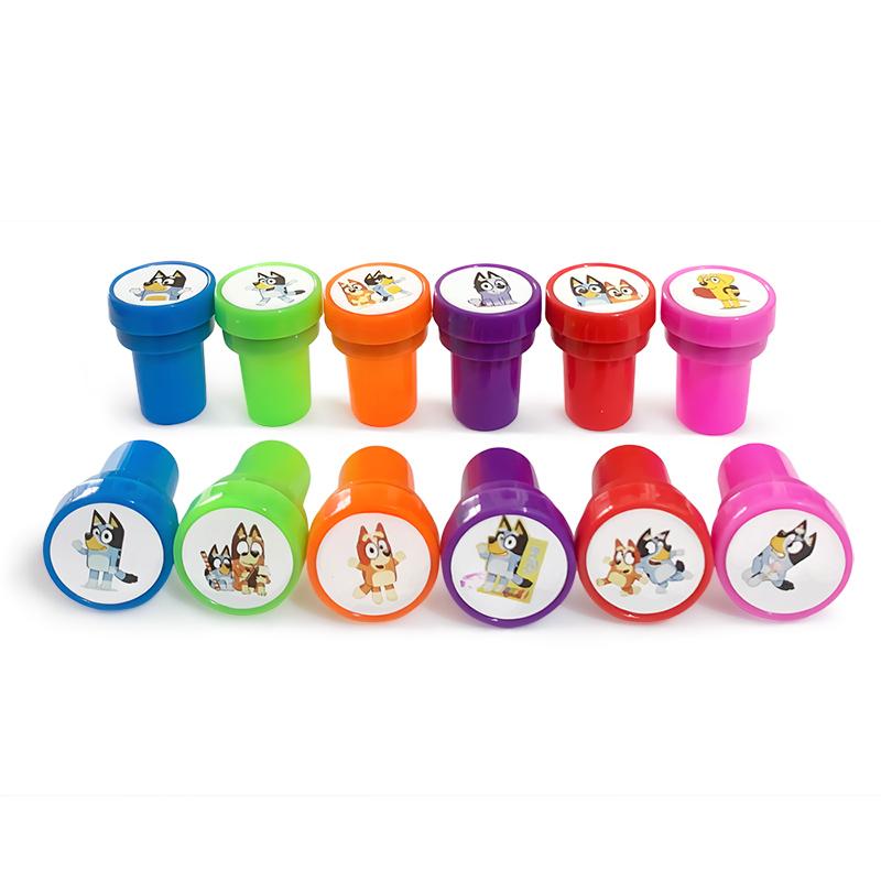12Pcs/Set Bluey And Bingo Seal Bandit Chilli Lucky Socks Anime Figures Colorful Pattern Stamp Kids Toys Gift