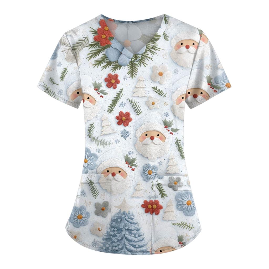 Women's Christmas Printing Short Sleeve V-neck Tops Working Pocket Blouse