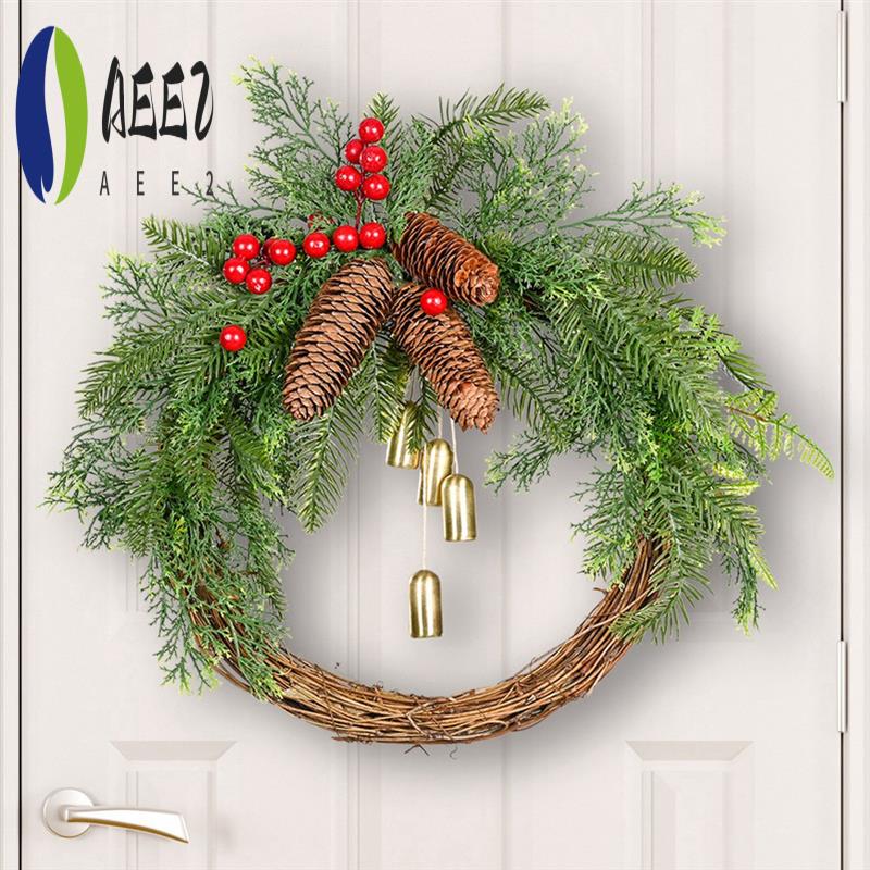 

AEE2-Christmas Pinecone Bell Rattan Wreath Christmas Door Hanging Rustic Wreath Christmas Day Decorations