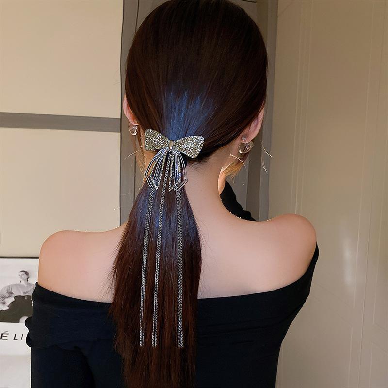 New Fashion Bow Tassel Hair Clips for Women Delicate Sparkly Rhinestone Ponytail Hairpin Large Size Headwear Hair Accessories