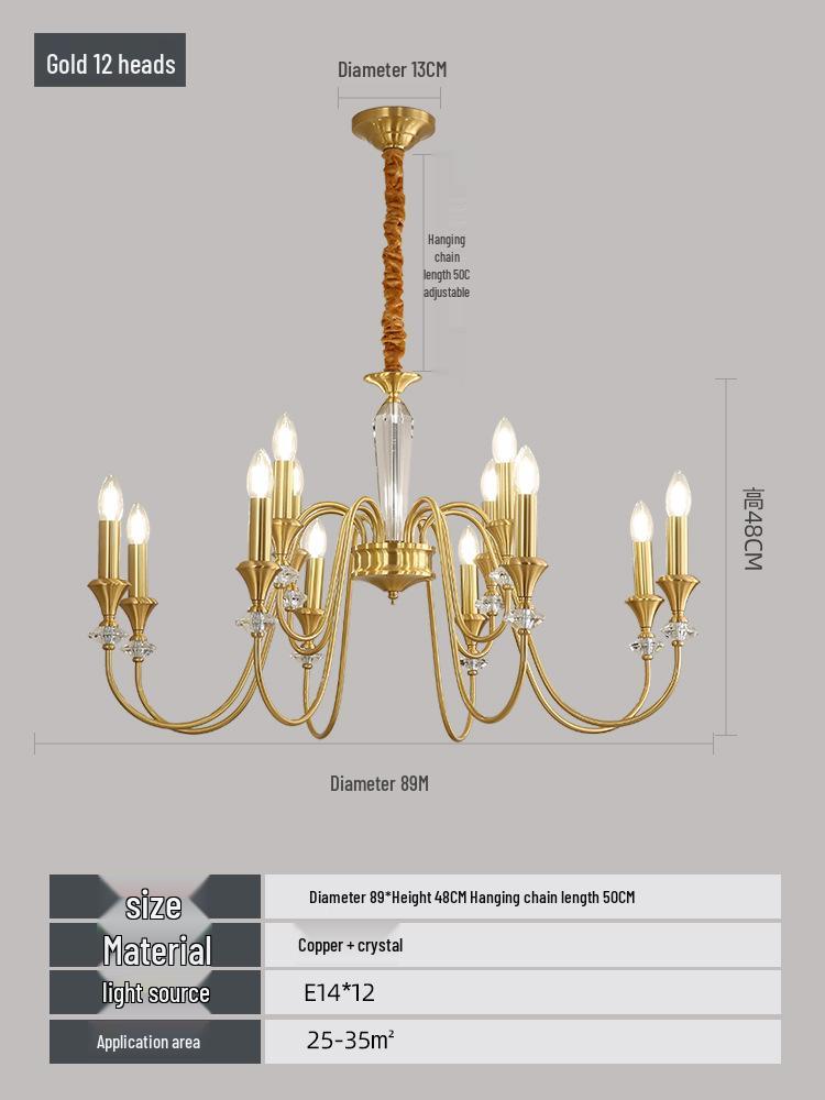 Luxury All-Copper French Chandelier: Retro Candle Pendant for Living Room, Dining Room, or Master Bedroom