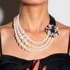 Retro Rhinestone Geometric Pearl Layered Necklace NK23600